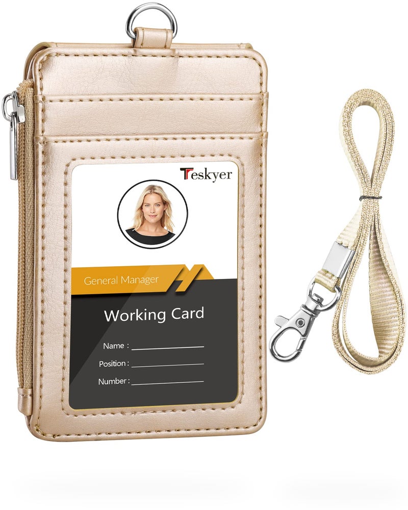 Teskyer Badge Holder with Side Zip Pocket, Multiple Card Slots Leather ID Holder Wallet with Neck Lanyard for Office Staffs, Teachers/Students, Couriers, Workers, Gold - Image 1